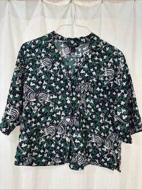 Banana Republic Black & Green Linen Zebra Floral Button-Down Top